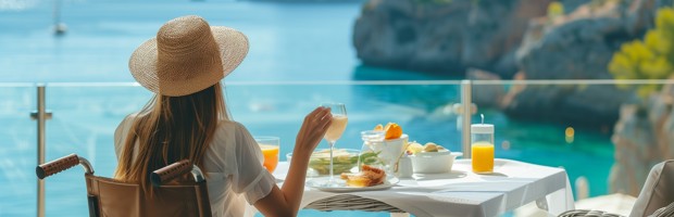 A lady with long brown hair, brown straw hat and white blouse is sitting in a brown leather wheelchair overlooking a clear blue sea in front of a table. She is holding a glass in her right hand with breakfast laid out on the table. An empty chair is sitting next to her.