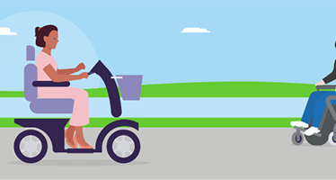 Lady sitting in an electric scooter and young man sitting in an electric wheelchair next to her.