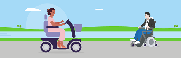 Lady sitting in an electric scooter and young man sitting in an electric wheelchair next to her.